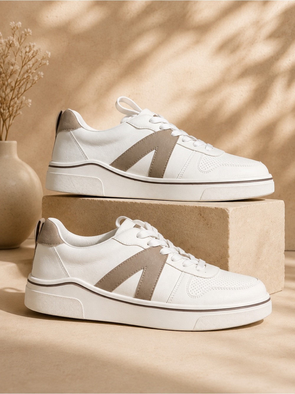 MIA White Leather Sneakers with Taupe Accents